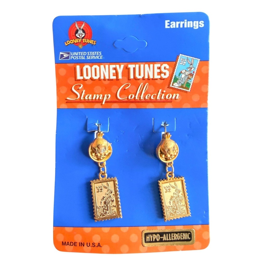 Vintage 1997 Looney Tunes USPS Stamp Earrings Tweety Bugs Bunny Gold Tone